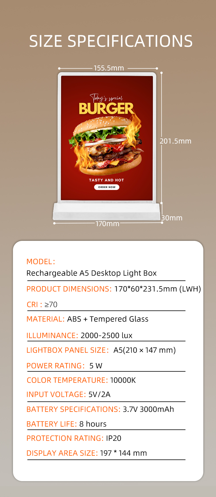 A5 light box parameters